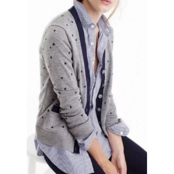 J. Crew $118 Graphite Navy Star Harlow Cardigan Sweater Merino Wool Preppy Sz XS - Picture 1 of 16